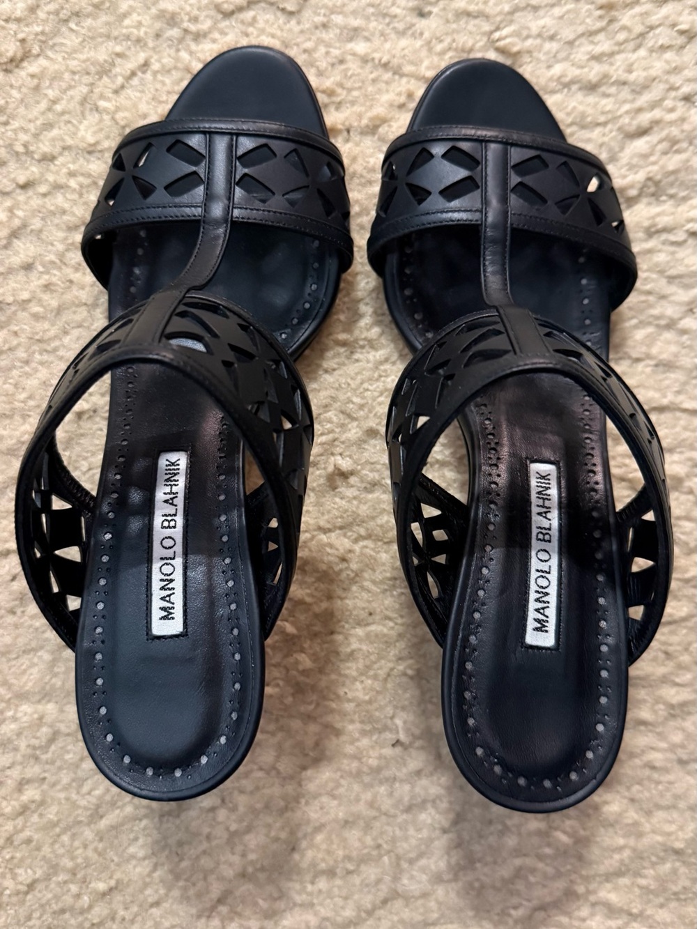 Manolo Blahnik Black Leather Cutout T-Strap Mules